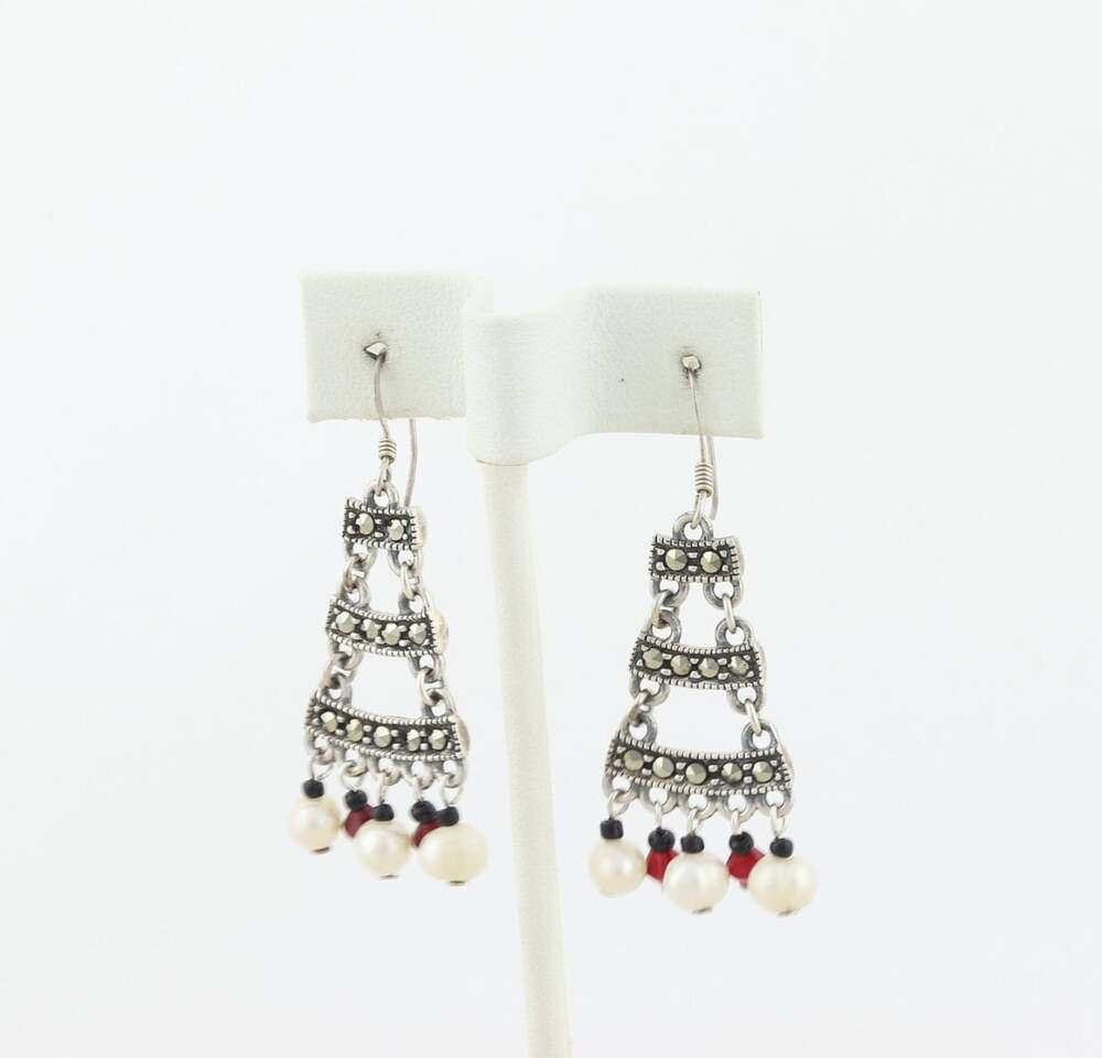 Sterling Silver Marcasite, Pearl, Rhinestone, Bead Earrings Dangle Drop 2" x 3/4 - Picture 5 of 7